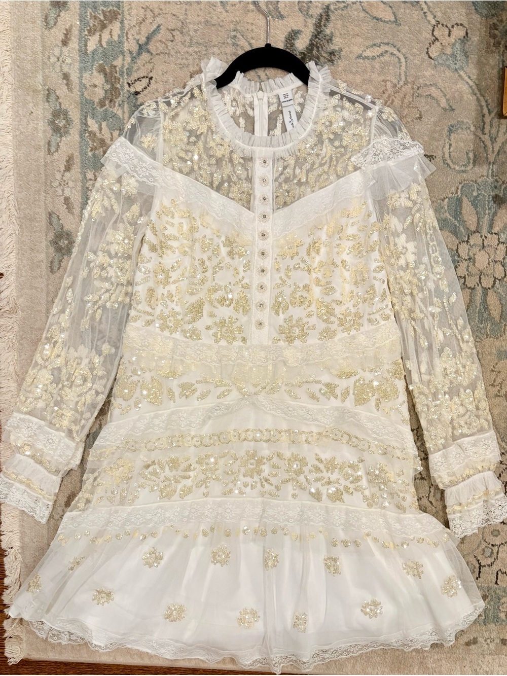 Needle & Thread White Dress with Gold Sequin Embroidery